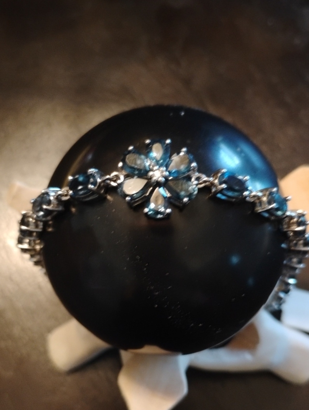 London Blue Topaz Flower Tennis Bracelet In Rhodium Over 925 Sterling Silver - Picture 5 of 6